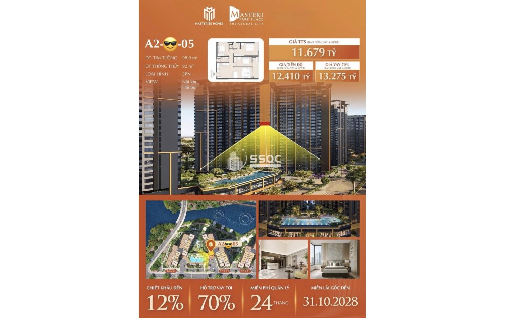 HIẾM CÓ KHÓ TÌM – 3PN GÓC VIEW DOUBLE HỒ BƠI CHỈ 125TR/M² TẠI MASTERI PARK PLACE