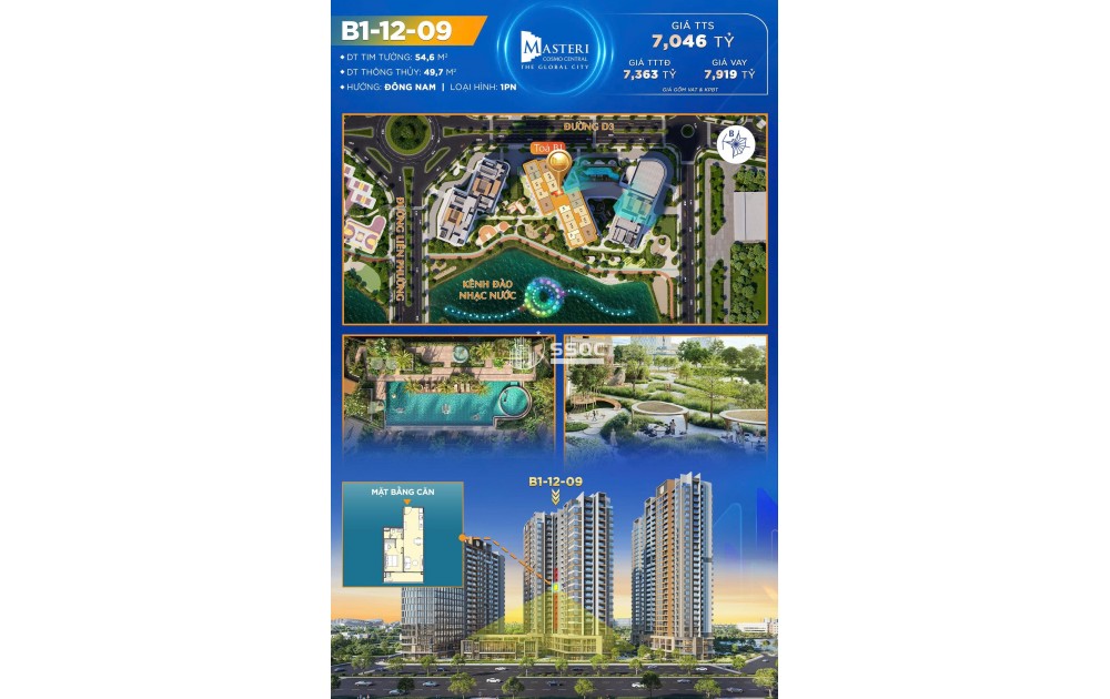 THE GLOBAL CITY –PHÂN KHU CT3, 1PN, 54,6m2, VIEW HỒ BƠI, DIỆN TÍCH 55.6M² | TẦNG ĐẸP