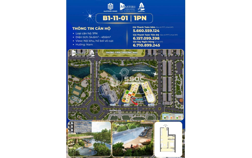THE GLOBAL CITY – CĂN HỘ 1PN, 54,6M2, VIEW NHẠC NƯỚC SIÊU PHẨM, VIEW ĐẸP NHẤT DỰ ÁN. LH NGÂN 0937468880