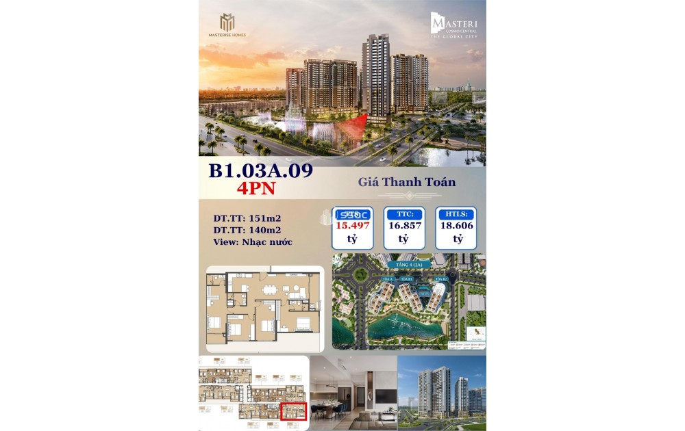 THE GLOBAL CITY - 4 PHÒNG, 150M2,  MASTERI COSMO CENTRAL (CT4) - CĂN HỘ ĐẲNG CẤP- Q2.HCM