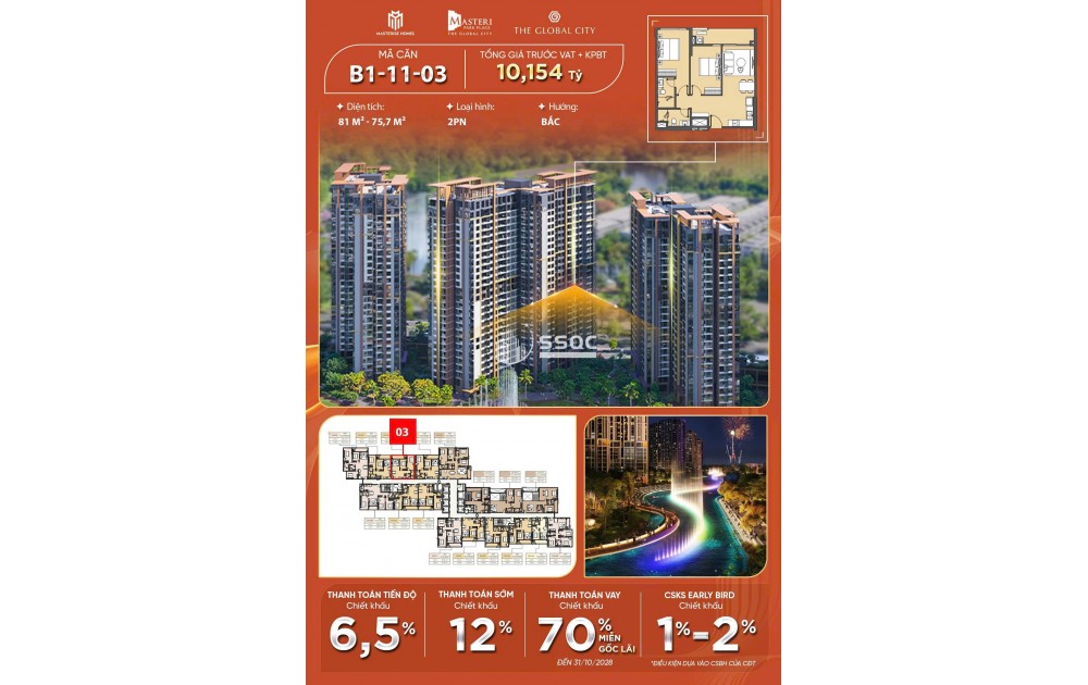 2PN MASTERI PARK PLACE _ THE GLOBAL CITY CẦN BÁN GẤP, GIÁ GỐC CĐT 9.850 TỶ, CHỦ CẦN RA 9.050 TỶ